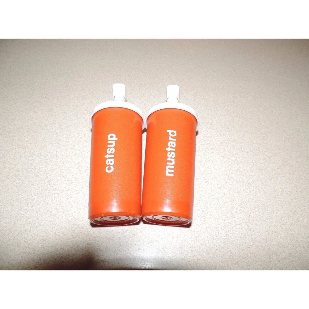 Tupperware CATSUP / Ketchup & MUSTARD Pump CONDIMENT SET orangish color vintage